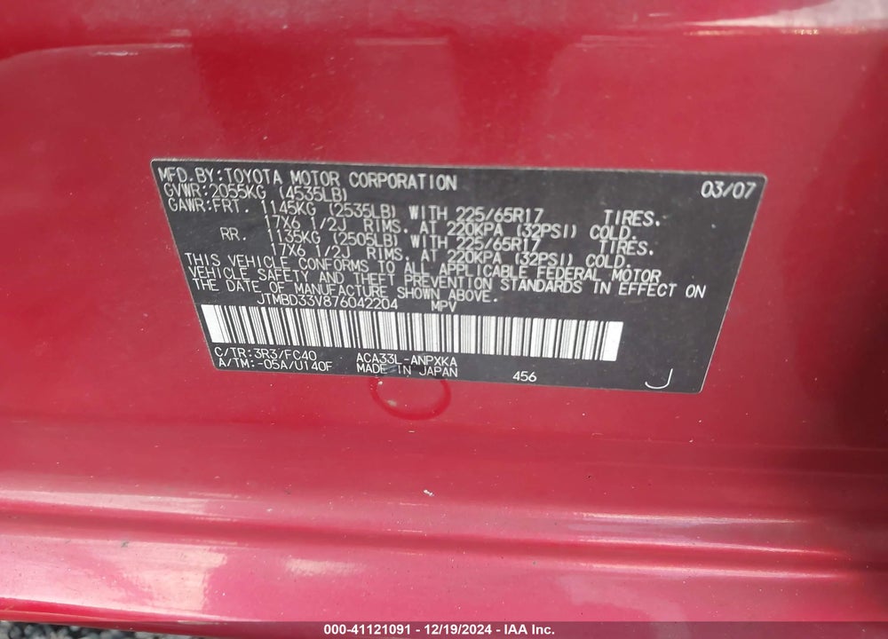 2007 TOYOTA RAV4 VIN: JTMBD33V876042204
