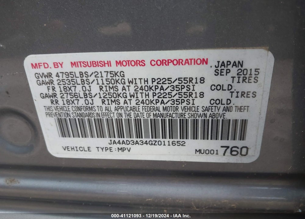 2016 MITSUBISHI OUTLANDER SE VIN: JA4AD3A34GZ011652