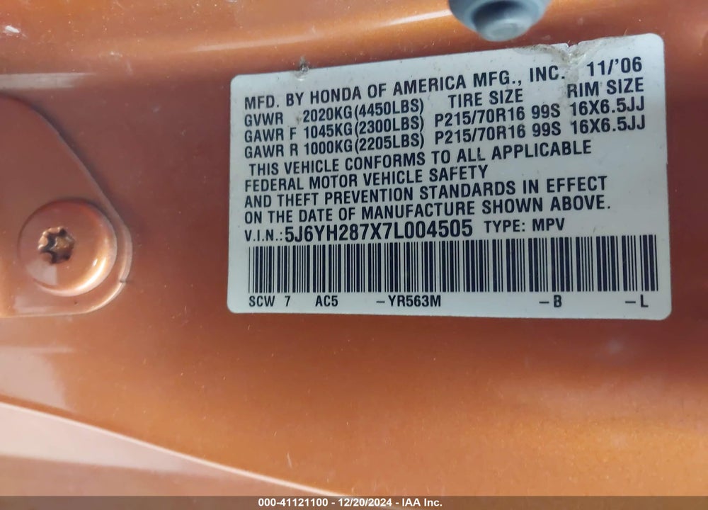 2007 HONDA ELEMENT EX VIN: 5J6YH287X7L004505