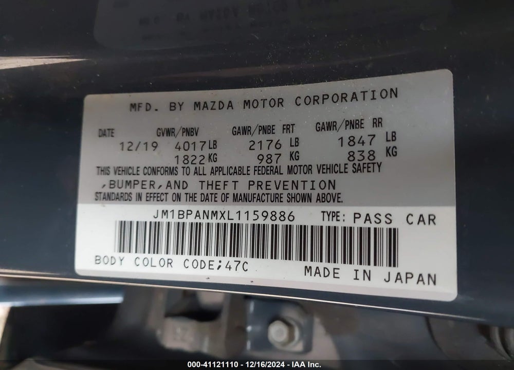 2020 MAZDA MAZDA3 VIN: JM1BPANMXL1159886
