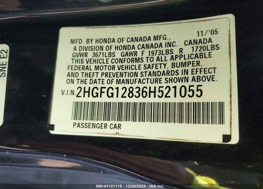 2006 HONDA CIVIC EX VIN: 2HGFG12836H521055