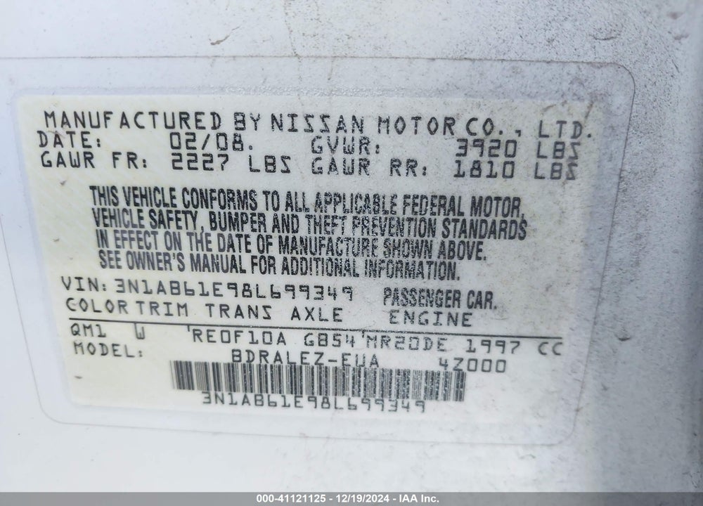 2008 NISSAN SENTRA 2.0S VIN: 3N1AB61E98L699349