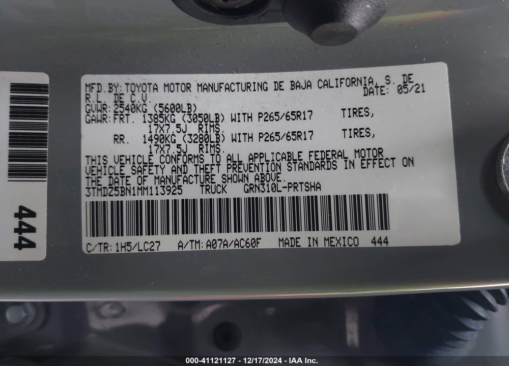 2021 TOYOTA TACOMA TRD SPORT VIN: 3TMDZ5BN1MM113925