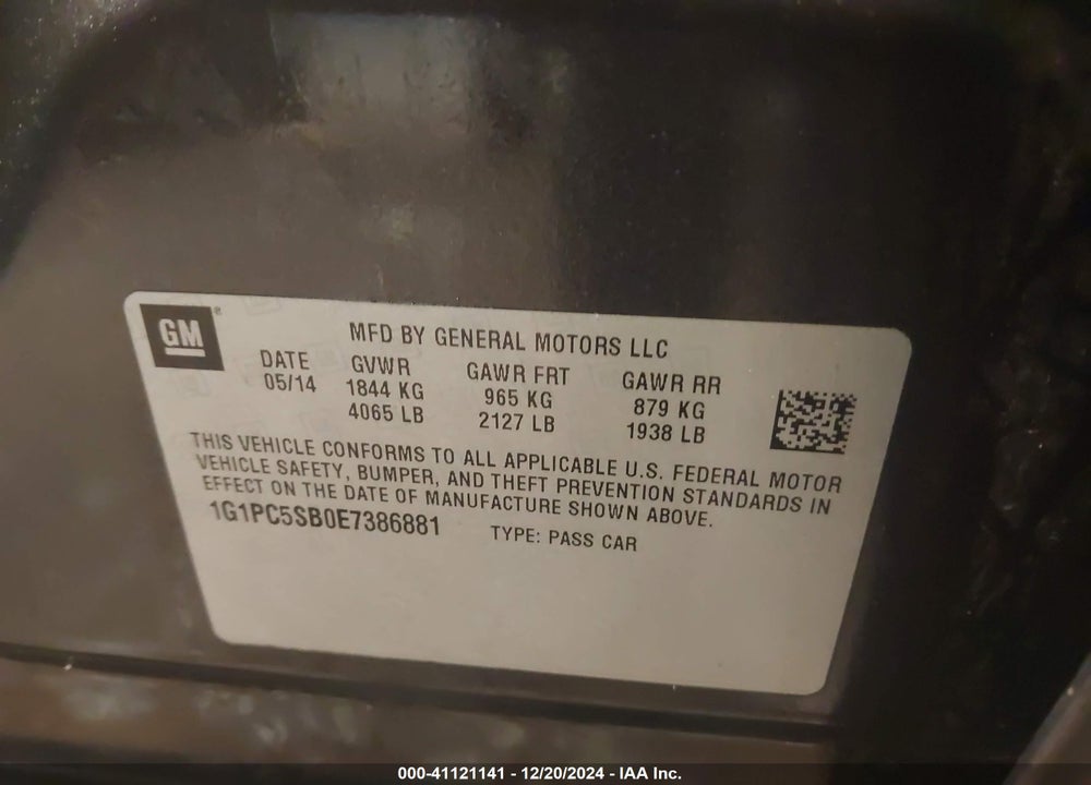 2014 CHEVROLET CRUZE 1LT AUTO VIN: 1G1PC5SB0E7386881