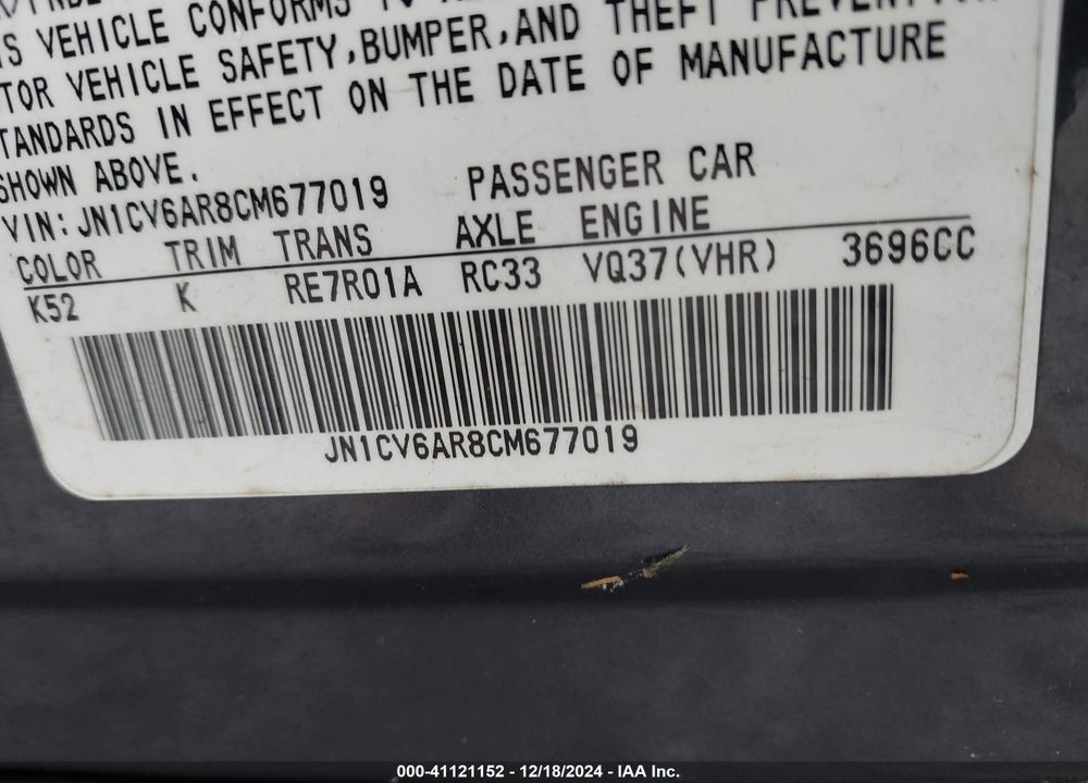 2012 INFINITI G37 X VIN: JN1CV6AR8CM677019