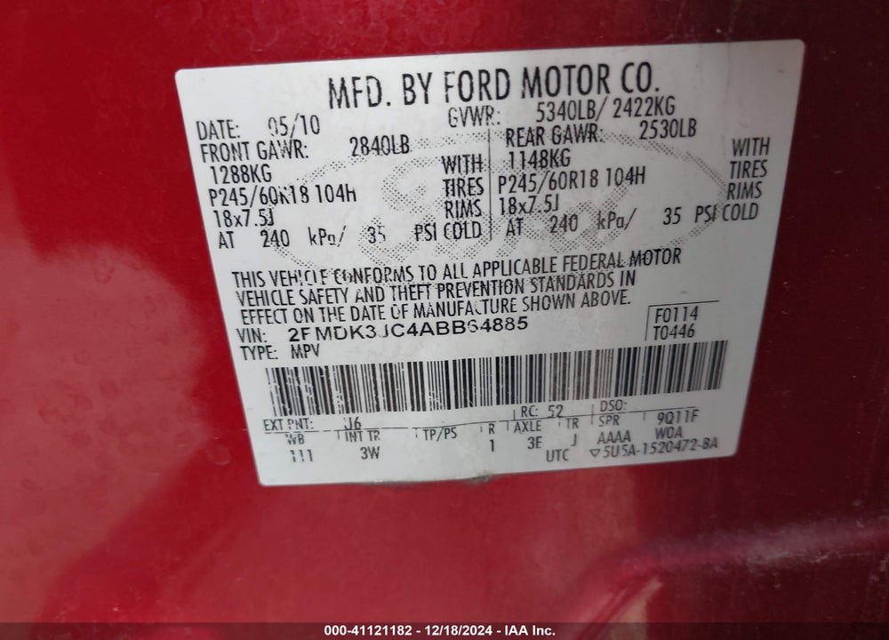 2010 FORD EDGE SEL VIN: 2FMDK3JC4ABB64885