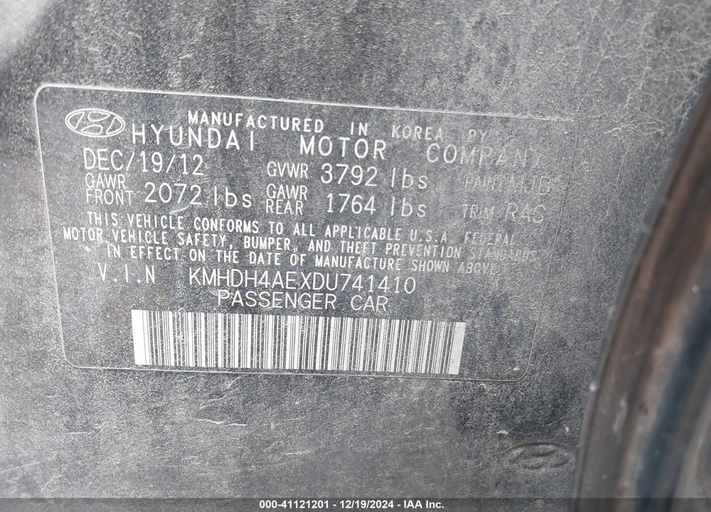 2013 HYUNDAI ELANTRA VIN: KMHDH4AEXDU741410