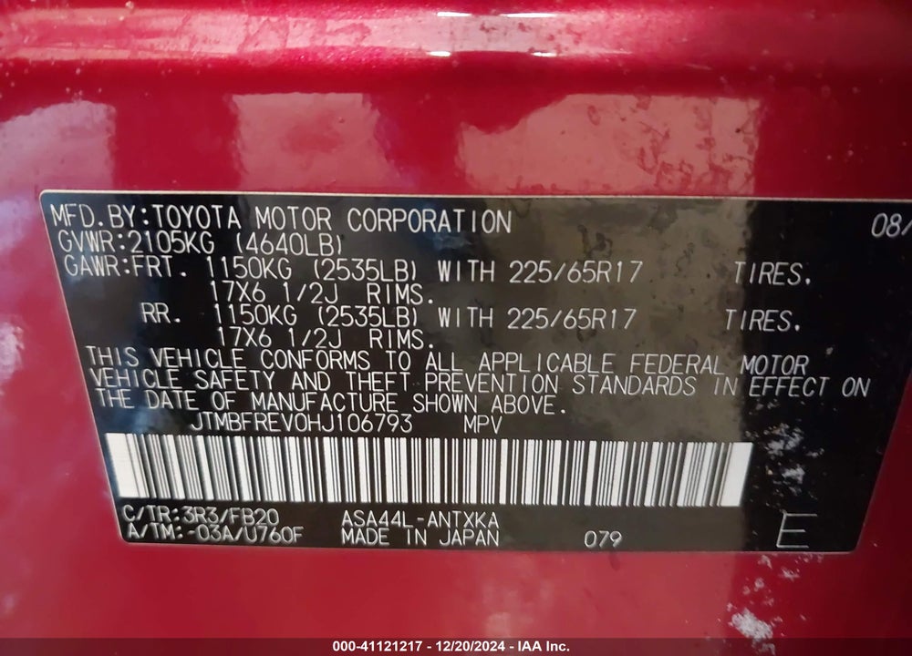 2017 TOYOTA RAV4 LE VIN: JTMBFREV0HJ106793