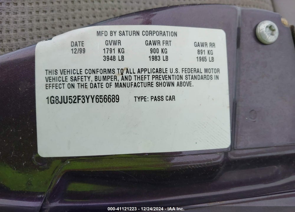 2000 SATURN LS1 VIN: 1G8JU52F3YY656689