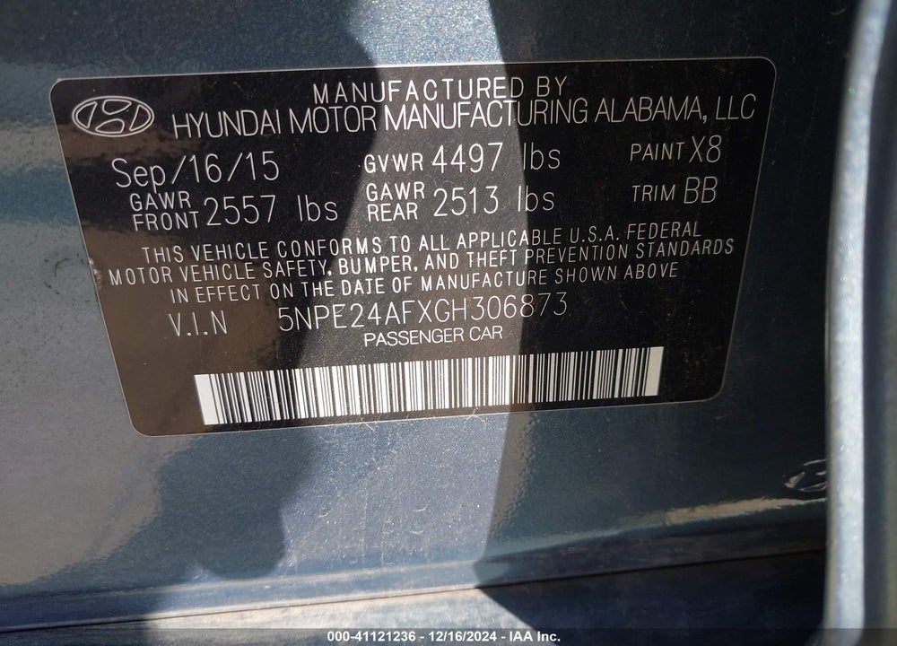 2016 HYUNDAI SONATA SE VIN: 5NPE24AFXGH306873