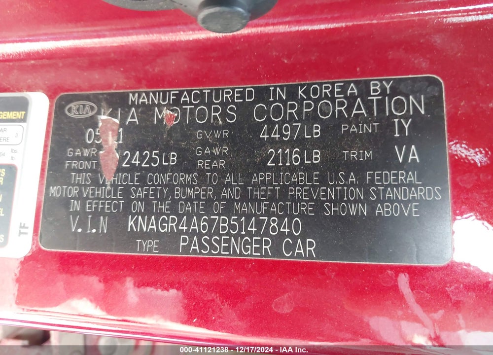 2011 KIA OPTIMA SX VIN: KNAGR4A67B5147840