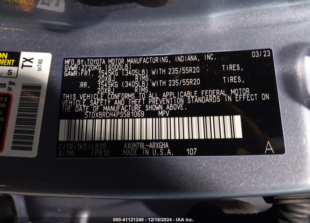 2023 TOYOTA HIGHLANDER HYBRID LIMITED VIN: 5TDXBRCH4PS581069
