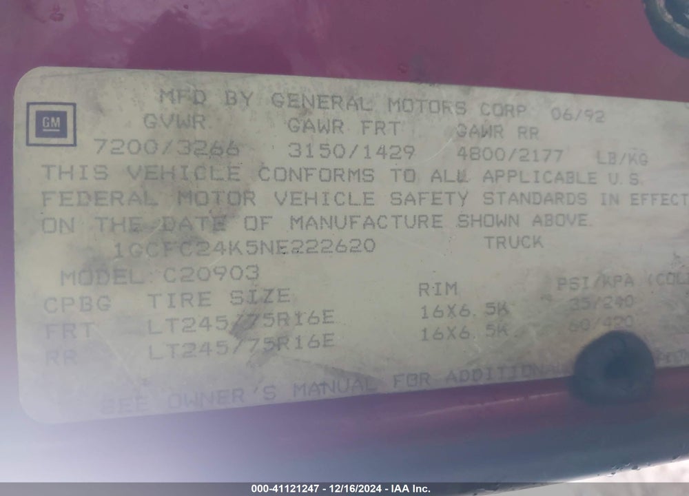 1992 CHEVROLET GMT-400 C2500 VIN: 1GCFC24K5NE222620