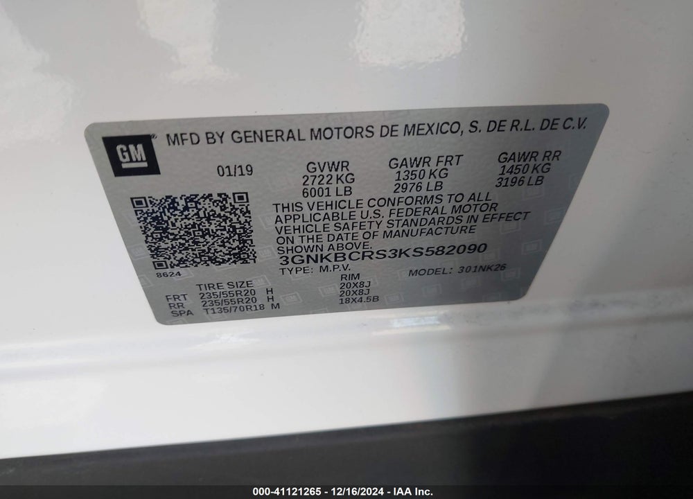 2019 CHEVROLET BLAZER VIN: 3GNKBCRS3KS582090