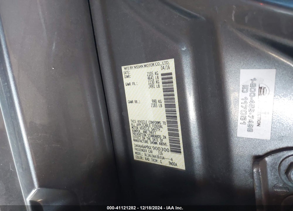 2016 NISSAN MAXIMA 3.5 SL VIN: 1N4AA6AP9GC900300