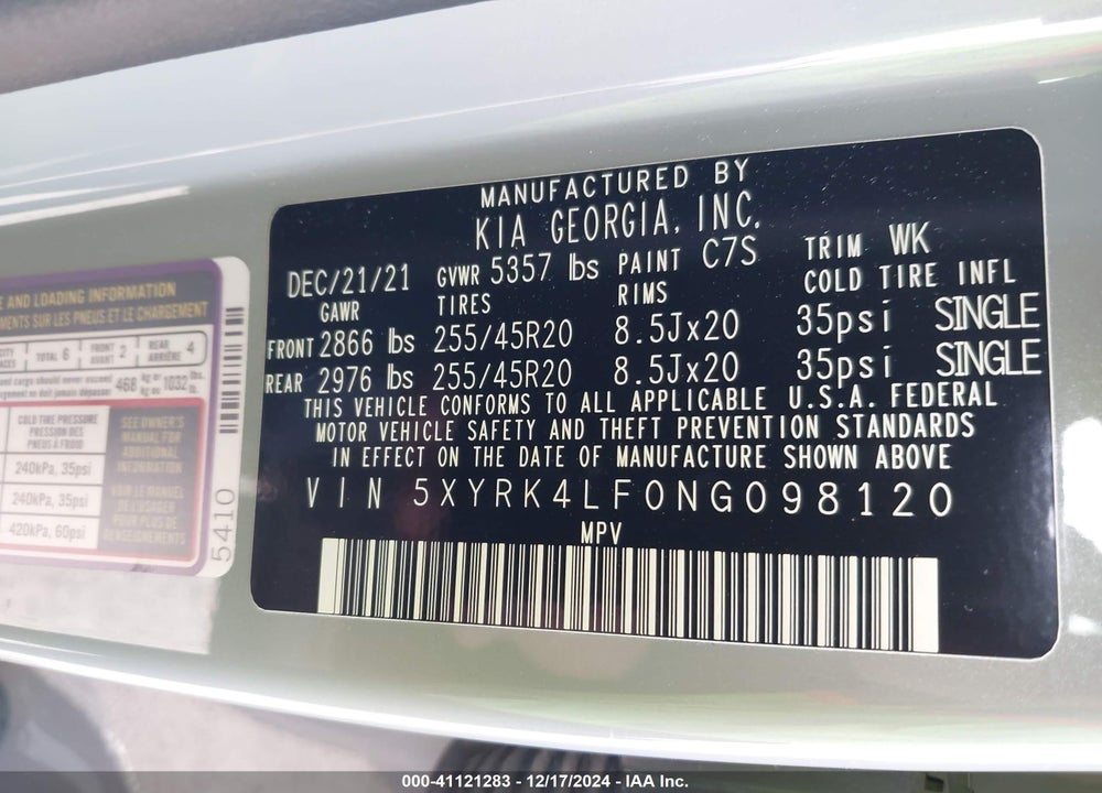 2022 KIA SORENTO SX PRESTIGE VIN: 5XYRK4LF0NG098120