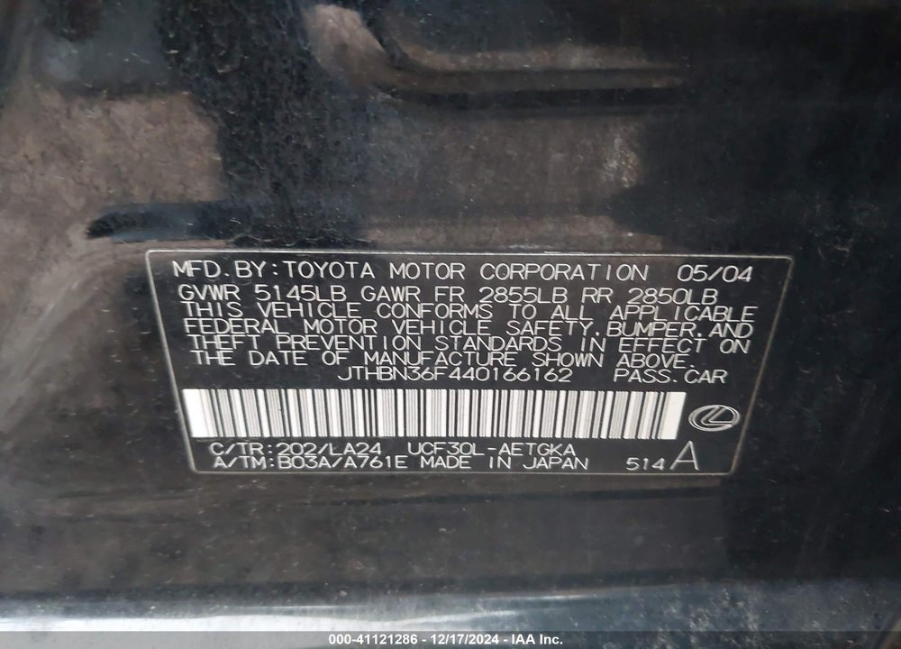 2004 LEXUS LS 430 VIN: JTHBN36F440166162