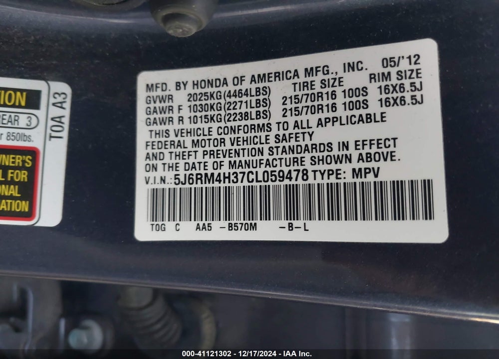 2012 HONDA CR-V LX VIN: 5J6RM4H37CL059478