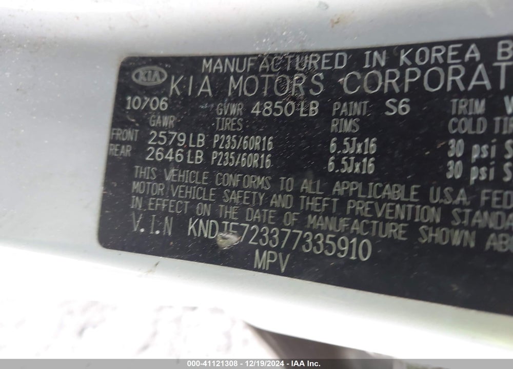2007 KIA SPORTAGE LX V6 VIN: KNDJE723377335910