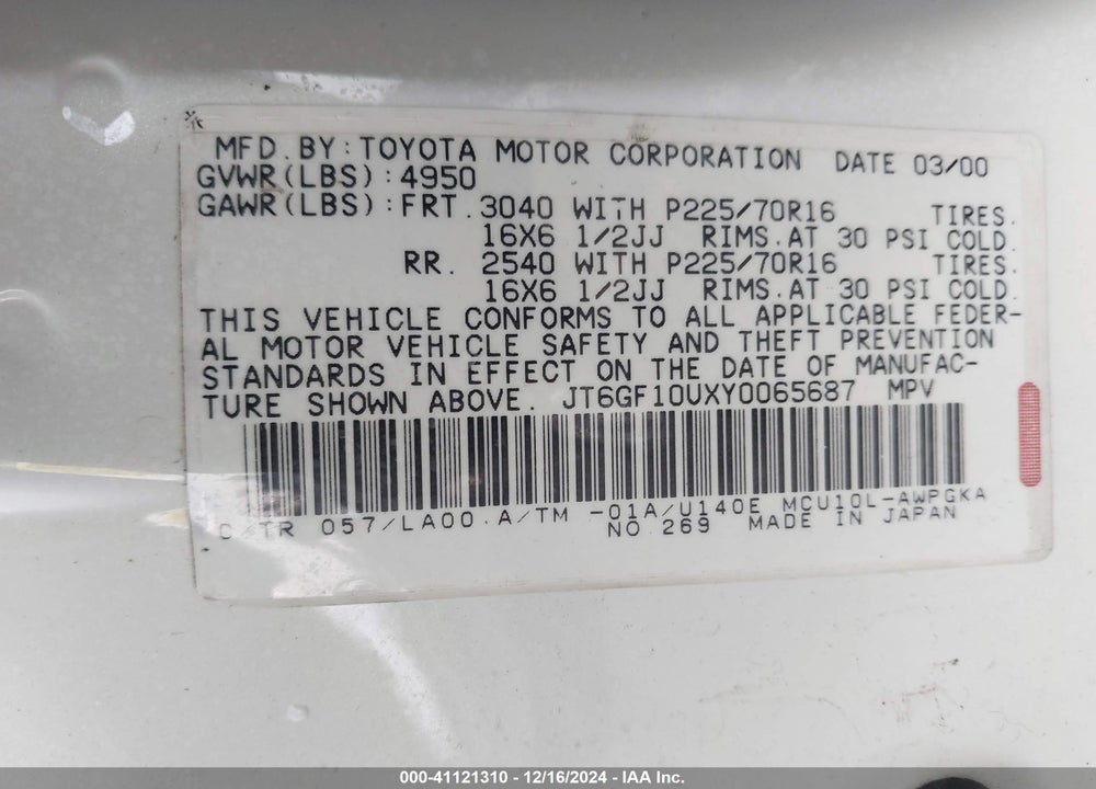 2000 LEXUS RX 300 VIN: JT6GF10UXY0065687