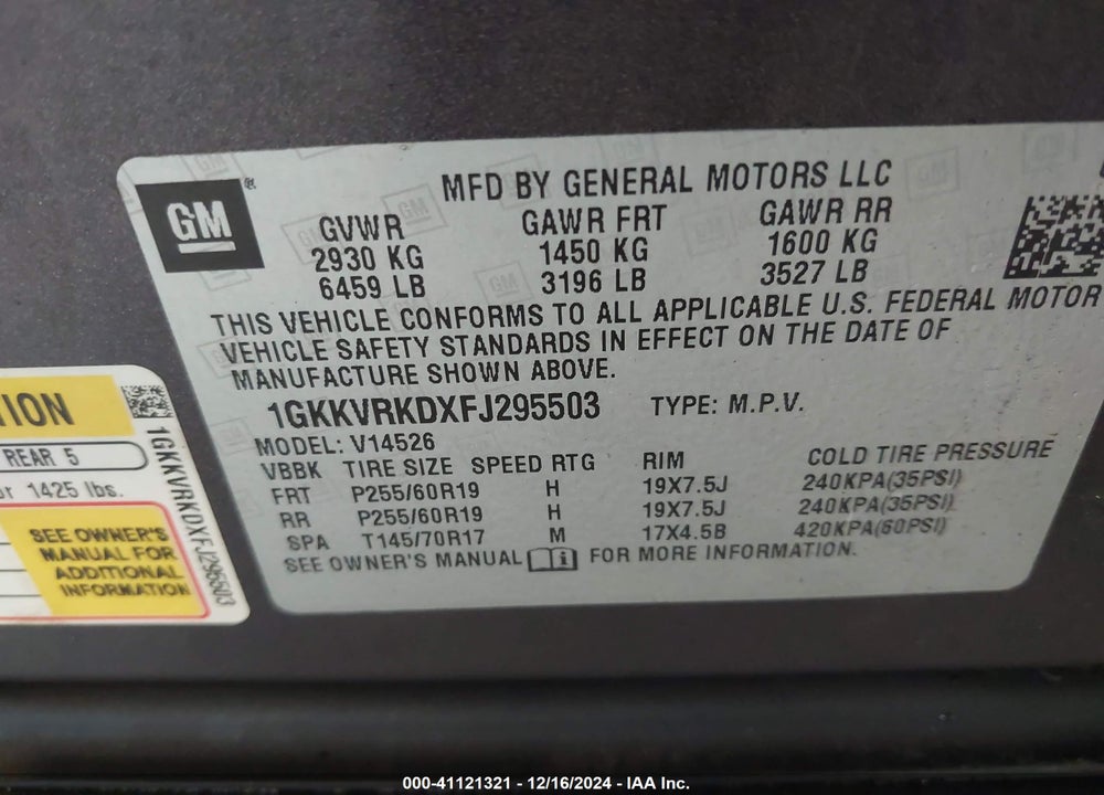 2015 GMC ACADIA SLT-1 VIN: 1GKKVRKDXFJ295503