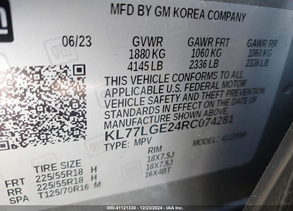 2024 CHEVROLET TRAX FWD 1RS VIN: KL77LGE24RC074281