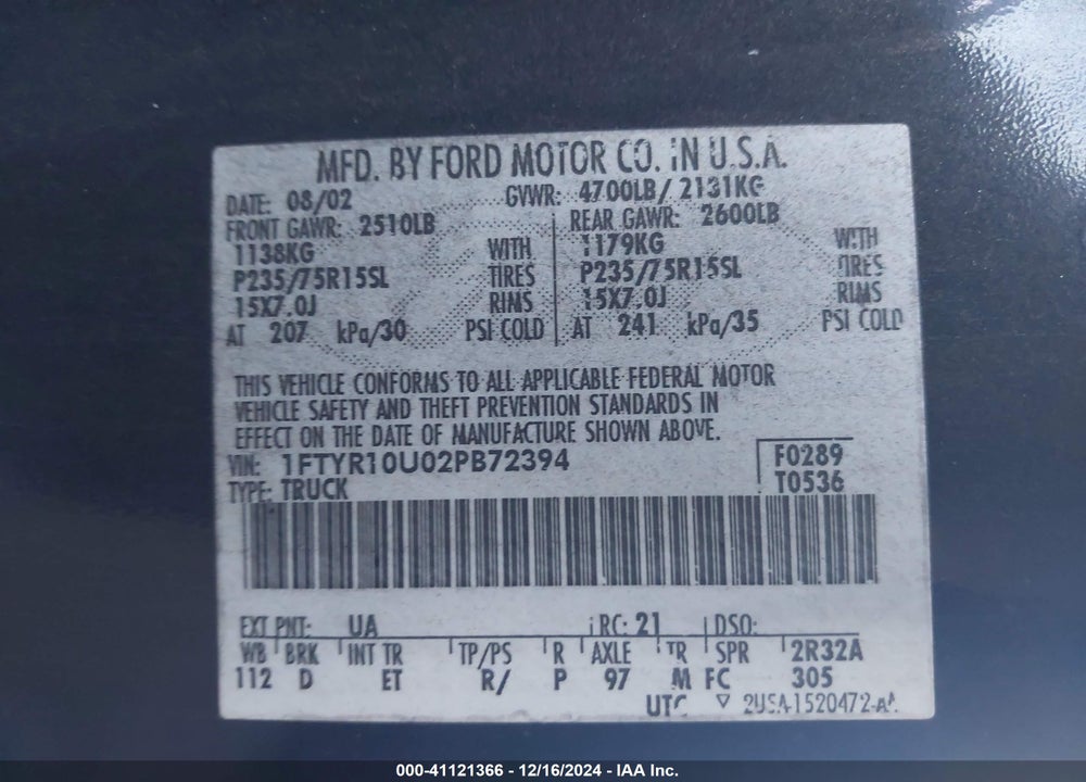 2002 FORD RANGER EDGE/XL/XLT VIN: 1FTYR10U02PB72394