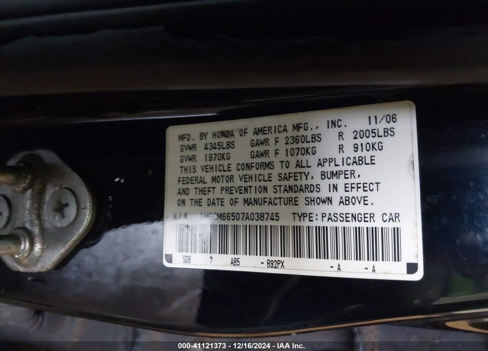 2007 HONDA ACCORD 3.0 EX VIN: 1HGCM66507A038745