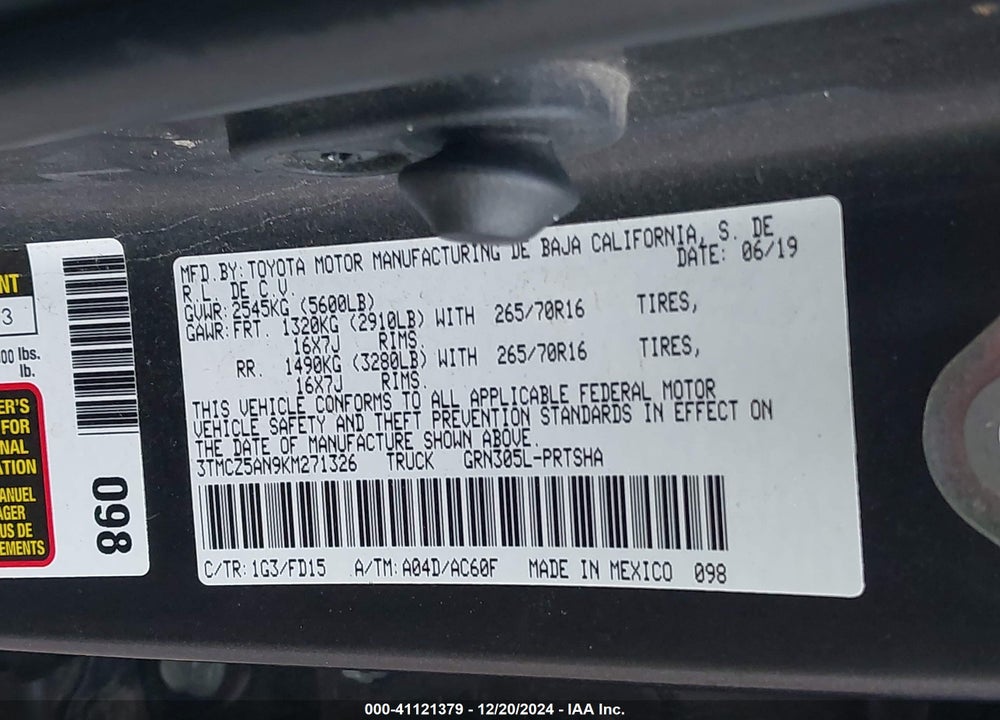 2019 TOYOTA TACOMA TRD OFF ROAD VIN: 3TMCZ5AN9KM271326