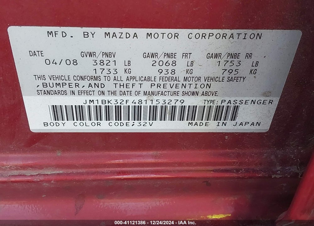 2008 MAZDA 3 I TOURING VALUE VIN: JM1BK32F481153279