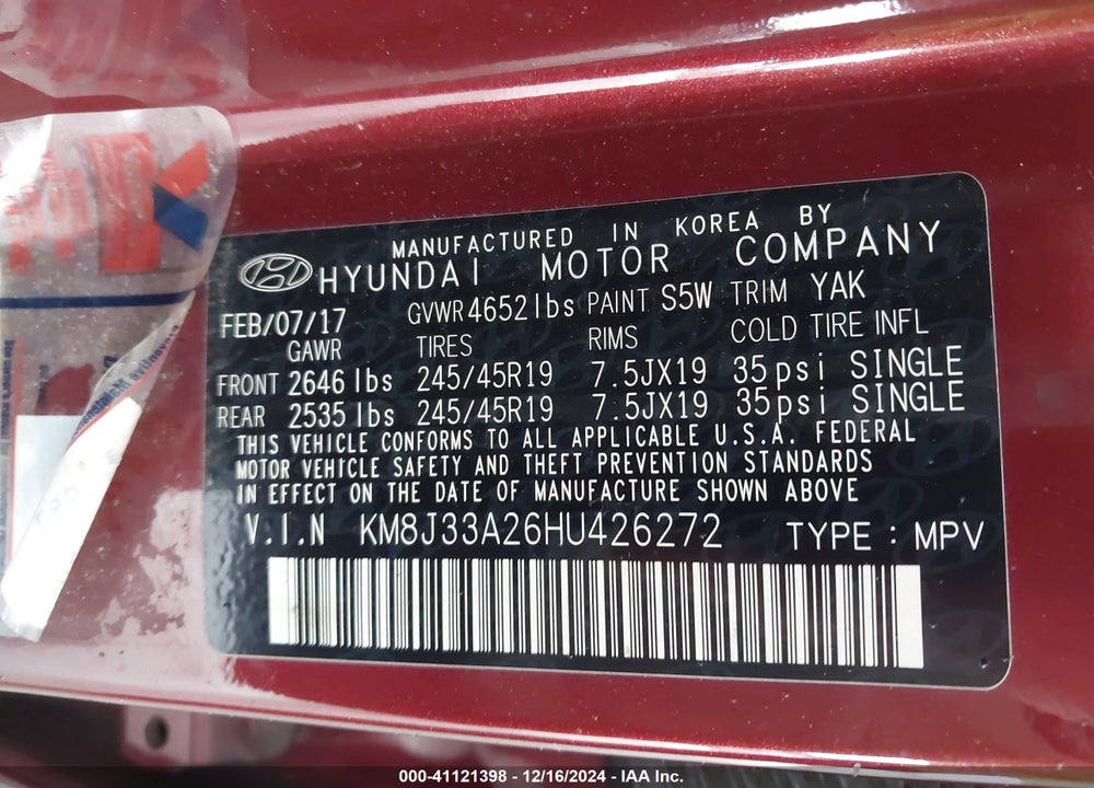 2017 HYUNDAI TUCSON SPORT VIN: KM8J33A26HU426272