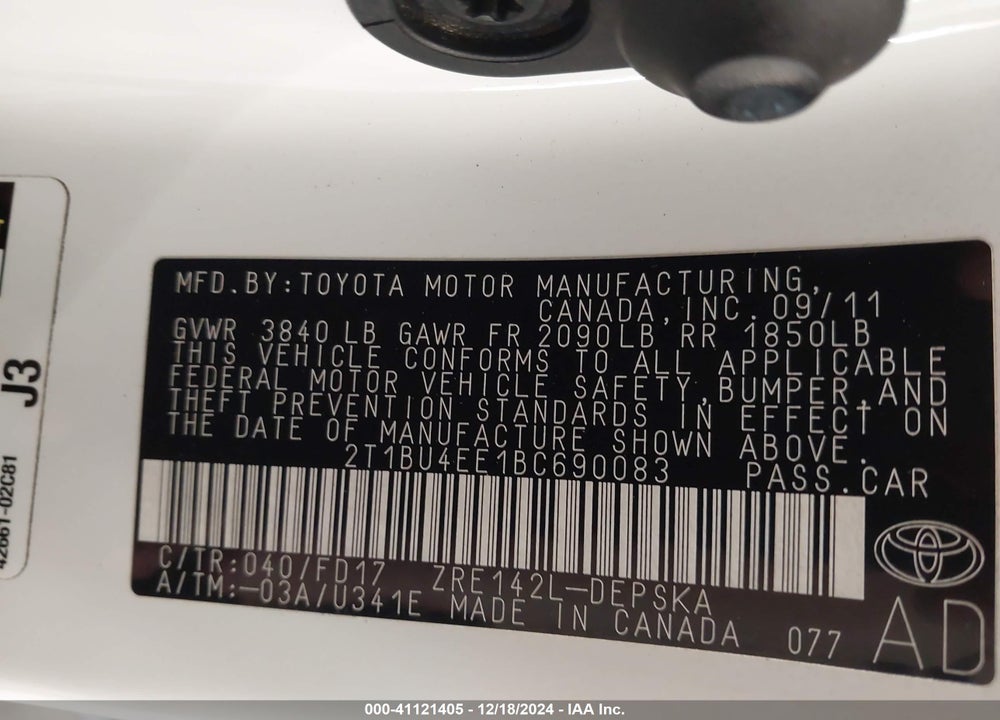 2011 TOYOTA COROLLA S VIN: 2T1BU4EE1BC690083