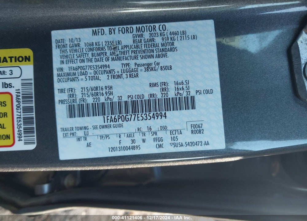 2014 FORD FUSION S VIN: 1FA6P0G77E5354994