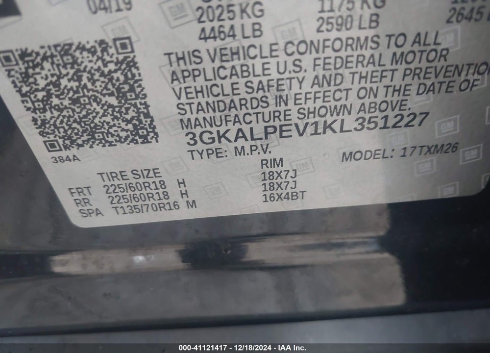 2019 GMC TERRAIN SLT VIN: 3GKALPEV1KL351227