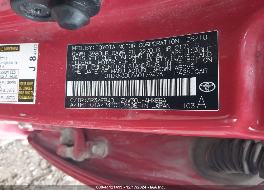 2010 TOYOTA PRIUS II VIN: JTDKN3DU6A0179476