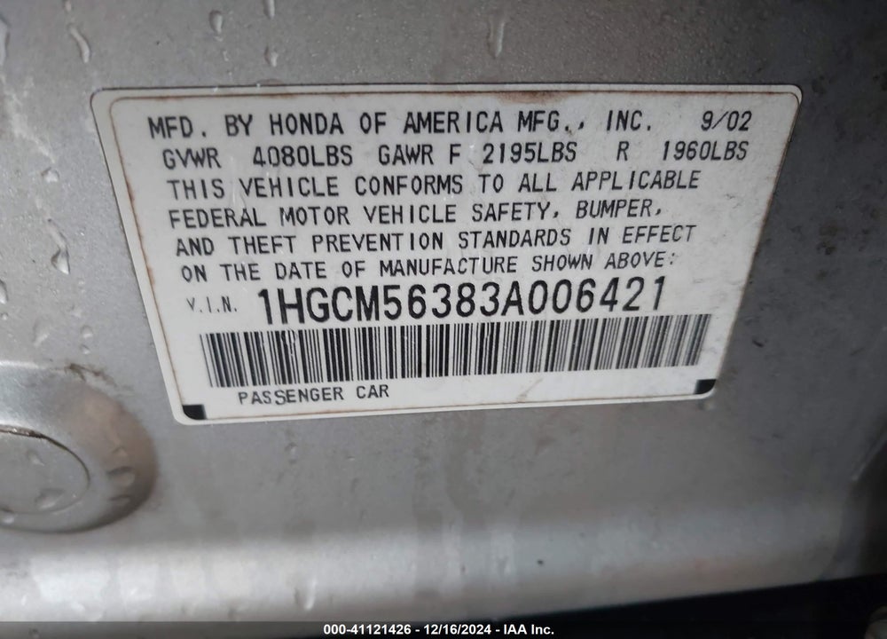 2003 HONDA ACCORD 2.4 LX VIN: 1HGCM56383A006421