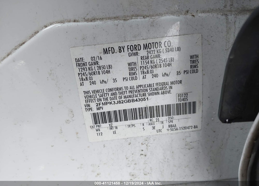 2016 FORD EDGE SEL VIN: 2FMPK3J82GBB43051