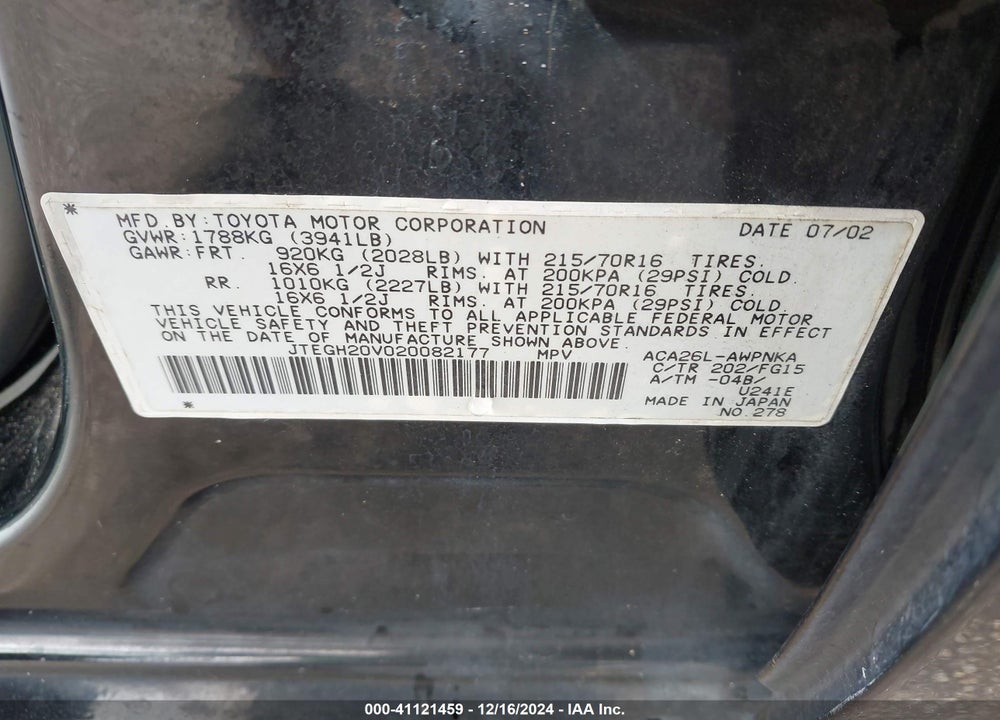 2002 TOYOTA RAV4 VIN: JTEGH20V020082177