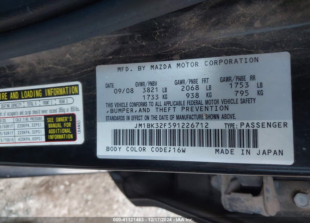 2009 MAZDA 3 I VIN: JM1BK32F591226712