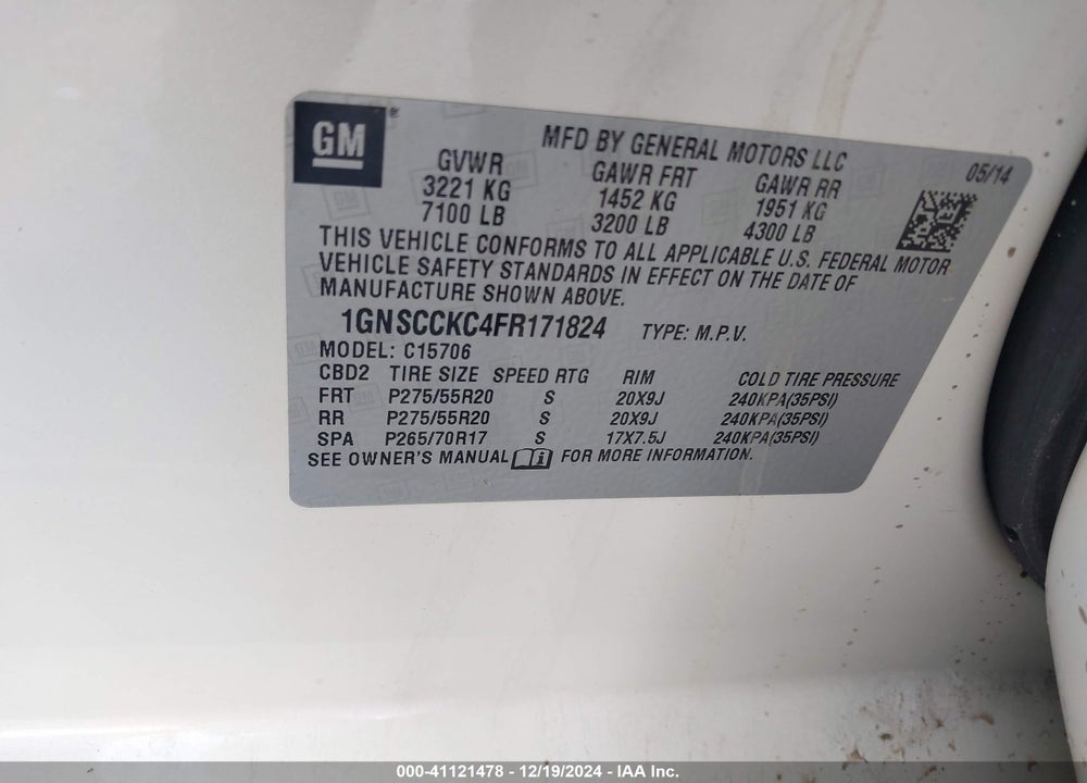 2015 CHEVROLET TAHOE LTZ VIN: 1GNSCCKC4FR171824