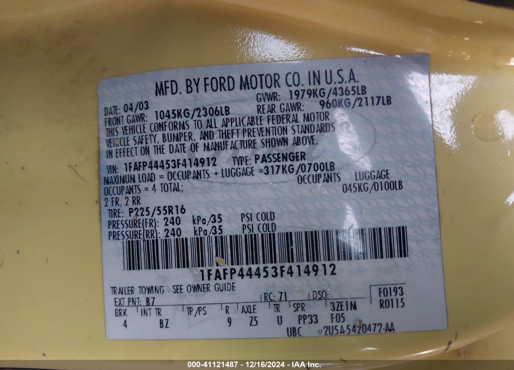 2003 FORD MUSTANG VIN: 1FAFP44453F414912