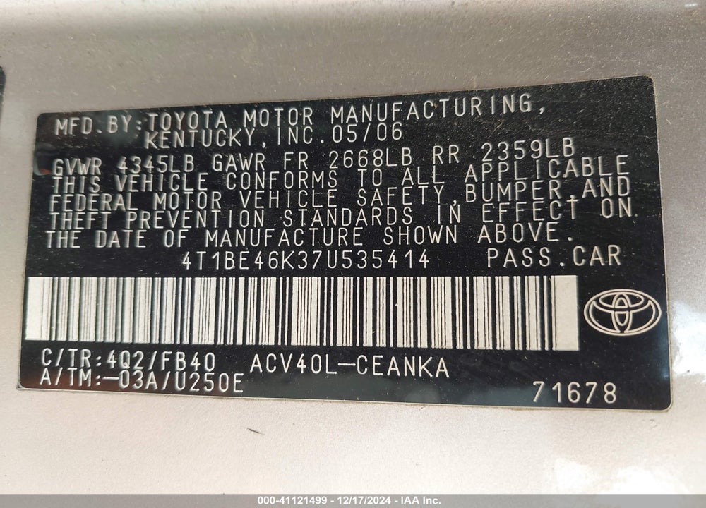 2007 TOYOTA CAMRY VIN: 4T1BE46K37U535414