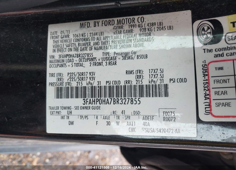 2011 FORD FUSION SE VIN: 3FAHP0HA7BR327855