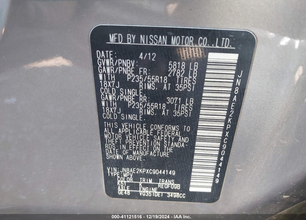 2012 NISSAN QUEST SL VIN: JN8AE2KPXC9044149