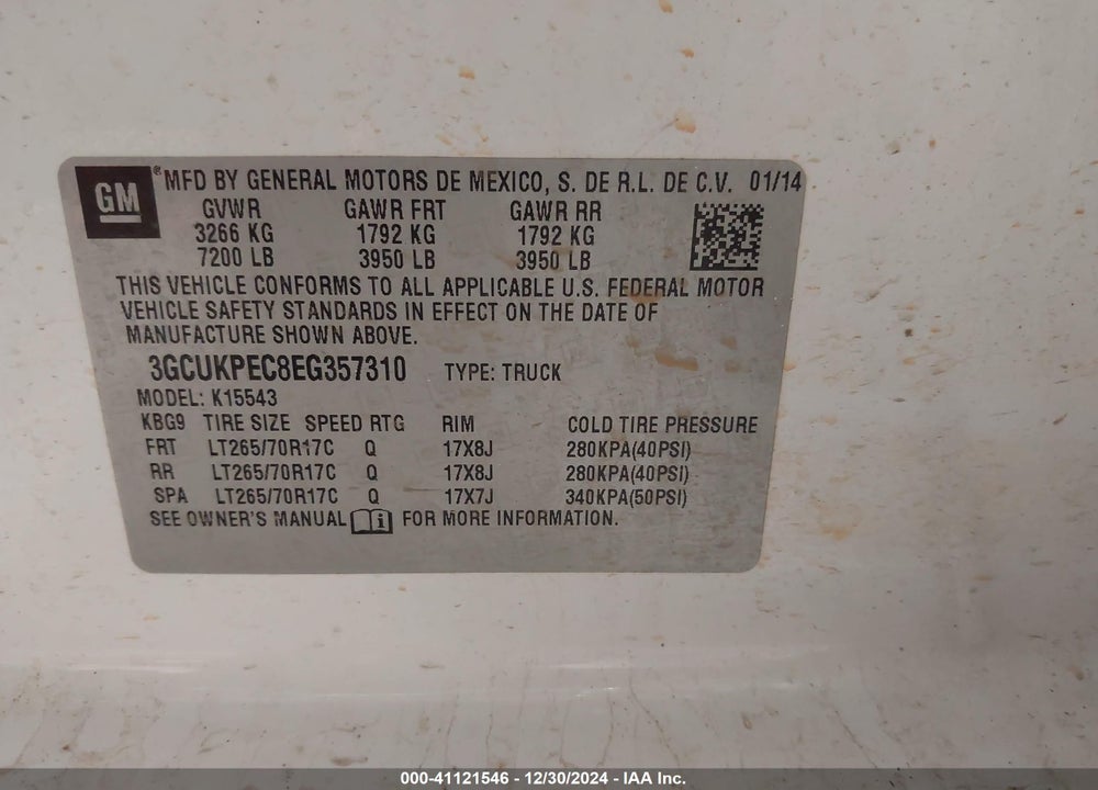 2014 CHEVROLET SILVERADO 1500 VIN: 3GCUKPEC8EG357310