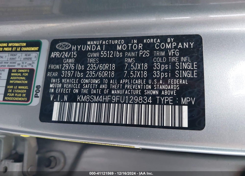 2015 HYUNDAI SANTA FE GLS VIN: KM8SM4HF9FU129834