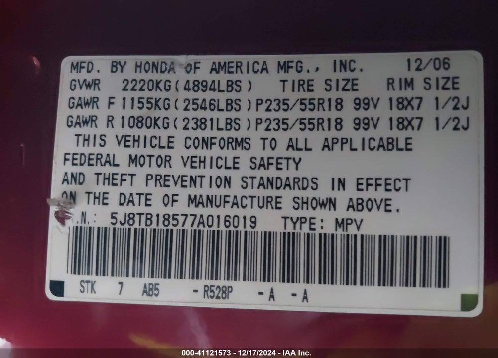 2007 ACURA RDX VIN: 5J8TB18577A016019
