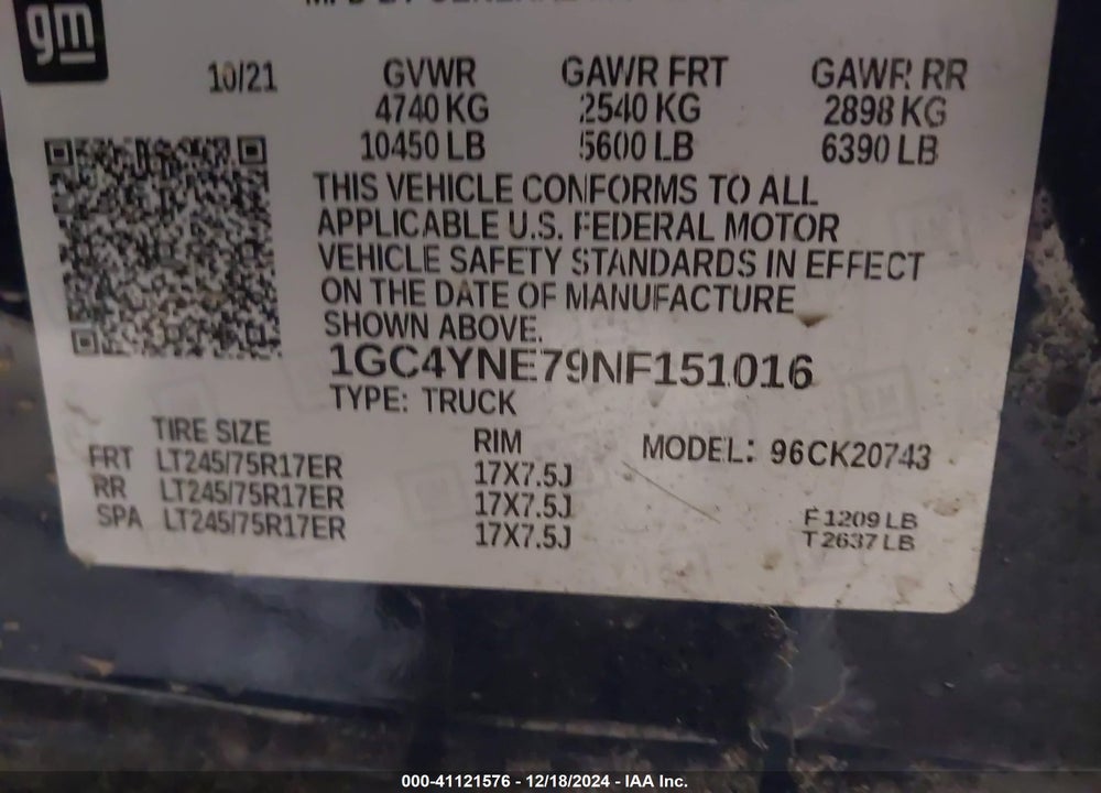 2022 CHEVROLET SILVERADO 2500HD 4WD STANDARD BED LT VIN: 1GC4YNE79NF151016