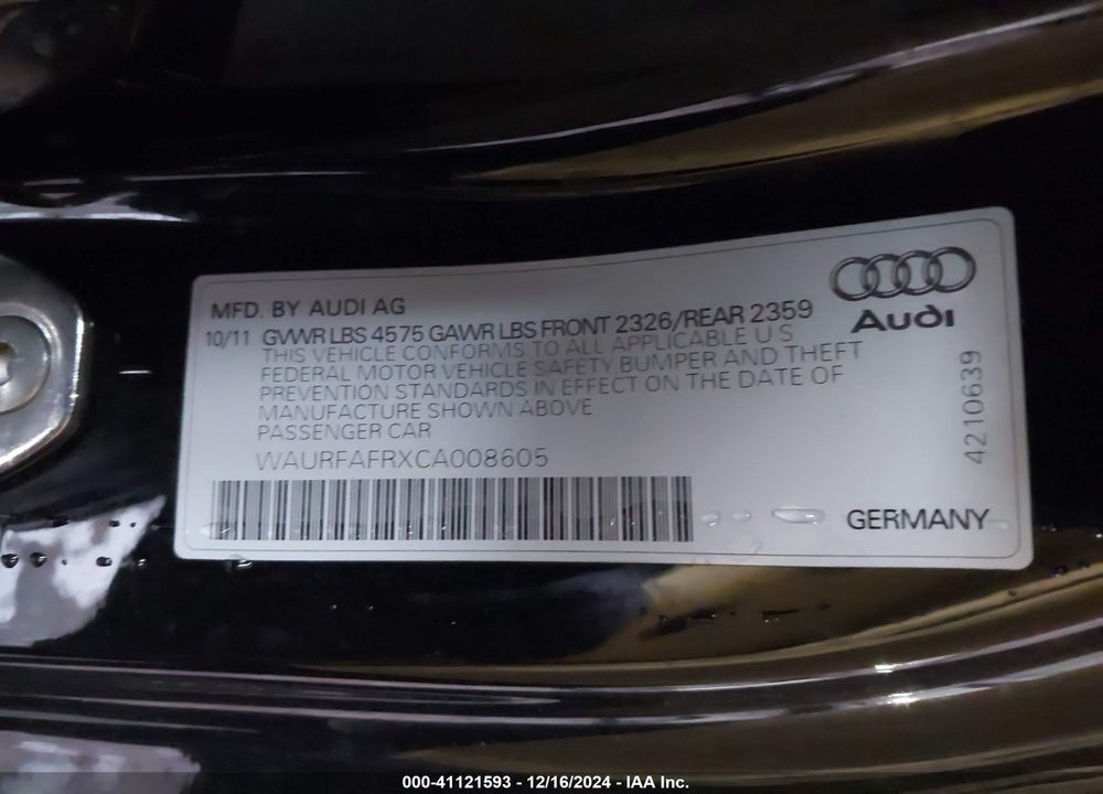 2012 AUDI A5 2.0T PREMIUM VIN: WAURFAFRXCA008605