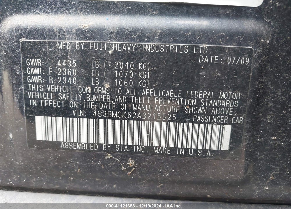 2010 SUBARU LEGACY 2.5I LIMITED VIN: 4S3BMCK62A3215525